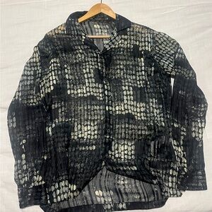 Zara Black Sage Button Up Shirt Collared Long Sleeve Abstract Print -Sheer